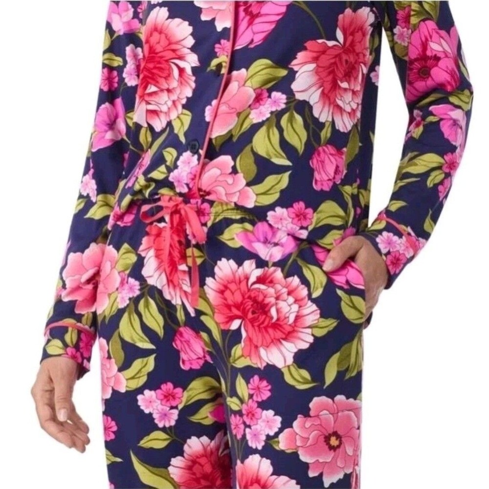 Room Service Shawl Collar Pajama Set Soft Jersey Knit Navy Pink Floral Women's L